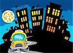 City silhouette with taxi and Moon - vector illustration.