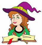 Cute girl witch reading book - vector illustration.