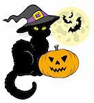 Halloween cat silhouette with Moon - vector illustration.