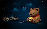 Teddy Bear with Golden Bell | Vector Flares and Lights | Christmas Card