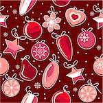 Seamless red pattern with christmas decoration and snowflakes