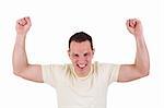 Portrait of a happy  man with his arms raised, on white background. Studio shot