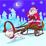 Santa Claus in sledge with hare instead of deer