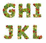 GHIJKL, vector christmas tree font with green fir and baublest