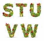 STUVW, vector christmas tree font with green fir and baublest