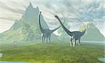 Two Diplodocus dinosaurs walk together in the afternoon in the prehistoric age.