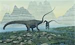 Two Diplodocus dinosaurs munch on vegetation near a mountain lake.
