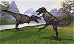 Two Tyrannosaurus Rex dinosaurs fight for the right of a territory.