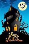 Happy Halloween sign with old house - color illustration.