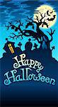 Happy Halloween sign with tree - color illustration.