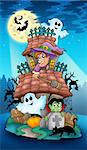 House with Halloween characters - color illustration.
