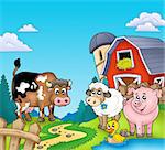 Red barn with farm animals - color illustration.