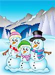 Winter theme with snowman family - color illustration.