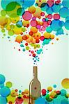 illustration of cola bottle with colorful bubbles on white background..