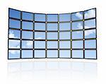 3D sky Wall of flat tv screens, isolated on white. With 2 clipping paths : global scene clipping path and screens clipping path to place your designs or pictures
