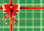 Vector illustration of green Scottish plaid gift wrapping with red ribbon and bow
