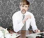 retro mustache businessman office desk on vintage wallpaper