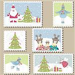 Large Set of colorful Christmas Postage stamps.Vector illustration