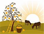 vector background with apple tree and grazing goats, Adobe Illustration 8 format