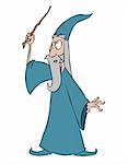 A cartoon wizard waving his wand, about to cast a spell.