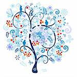 Winter tree with berries, birds and snowflake and butterflies isolated on a white background (vector)