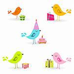 illustration of birthday card with birds and present on white background