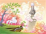 Unicorn and mythological landscape. Cartoon and vector illustration, objects isolated .