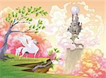 Pegasus and mythological landscape. Cartoon and vector illustration, objects isolated .