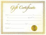 Gold Gift Certificate with golden seal and design border.