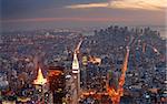 New York City Manhattan panorama aerial view with skyline at sunset.