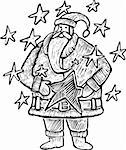 Santa Claus in engrave style with Stars all around