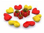 yellow and red hearts around gifts. 3d