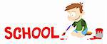 Text caption for a letter, newsletter etc. A boy painting the word 'School' in red paint. Vector graphic.