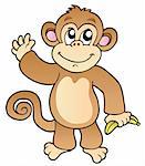 Cartoon waving monkey with banana - vector illustration.