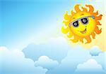 Cloudy sky with cartoon Sun - vector illustration.