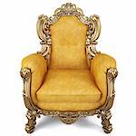 elegant armchair of yellow chamois leather and gold-plated body. isolated on white