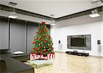 Christmas tree with red decorations in living room interior 3d render