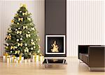 Christmas fir tree in the modern room with fireplace interior 3d render