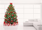 Christmas tree with red decorations in white room interior 3d render