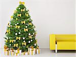 Christmas tree with decorations in the room with sofa interior 3d render