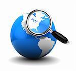 3d illustration of blue earth globe with magnify glass, over white background