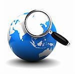 3d illustration of earth globe and magnify glass, internet search concept