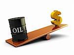 3d illustration of oil barrel and money sign on scale board