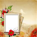 Vintage background in grunge style with poppy flowers and frames for photo