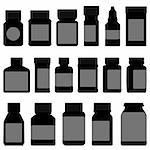 A set of medicine bottle and container in silhouette vector.