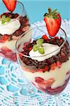 Strawberry and chocolate dessert with vanilla custard