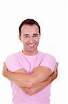 handsome middle-age man, smiling and embracing, isolated on white background. Studio shot.