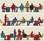 Set of three editable vector foreground silhouettes of colorful business meetings