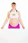 Smiling beautiful pregnant woman holding blank billboard  isolated on white