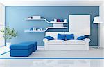 white couch in a blue modern living room - rendering